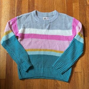SO Blue and Pink Crew Neck Sweater with Colorful Stripes